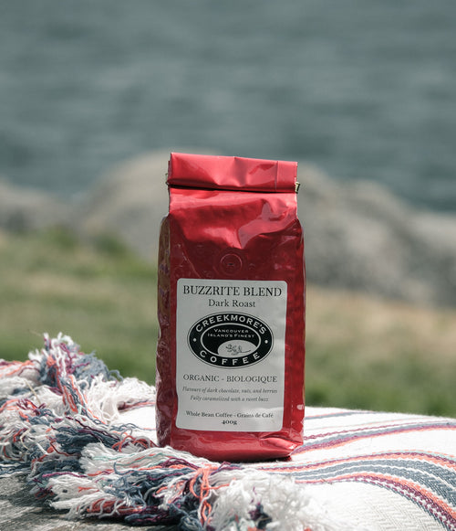 A red bag of Cheeky Mountain Coffee's Buzzrite Blend Dark Roast stands on a striped blanket outdoors with a blurred lake or water background.