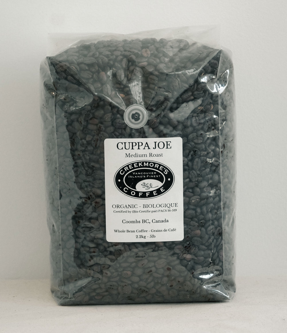 A clear plastic bag filled with dark coffee beans, featuring a white label for Cuppa Joe Medium Roast from Chermores Coffee in Coombe, BC, Canada.