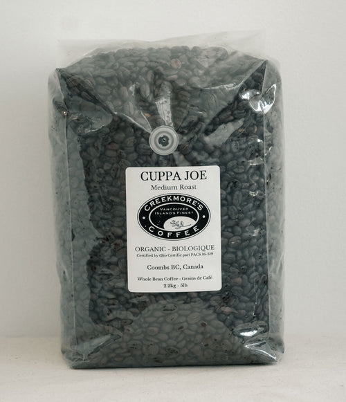 A clear plastic bag filled with dark coffee beans, featuring a white label for Cuppa Joe Medium Roast from Chermores Coffee in Coombe, BC, Canada.