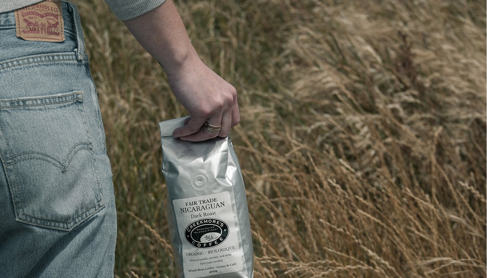 A person wearing light blue Levi's jeans holds a silver bag of Matehipe Nicaguan coffee in a field of dry grass.