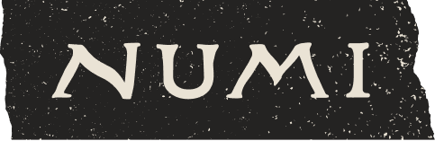The word 'NUMI' in a stylized serif font, rendered in off-white on a textured black background.