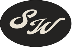 A black oval decal or sticker featuring the cream-colored cursive initials 'SW' in the center.