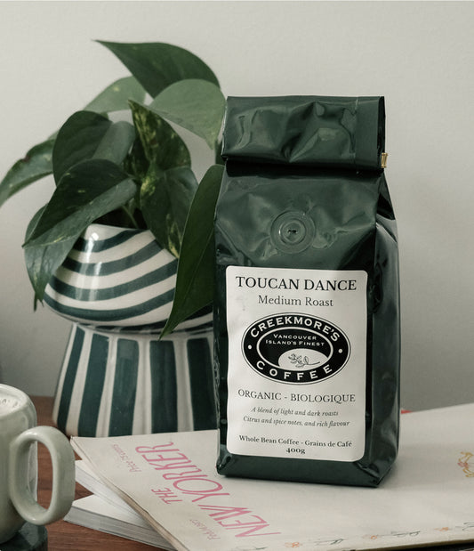 A bag of Creekmore's Coffee Toucan Dance Medium Roast organic whole bean coffee, styled on a table next to a green potted plant and a striped ceramic pot.